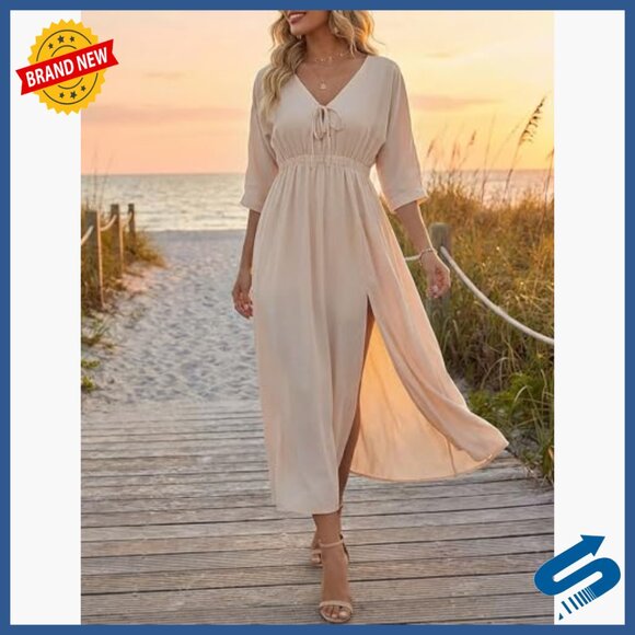 V-Neck Batwing Sleeve Midi Dress with Pockets, Flowy Polyester Casual Wear - Picture 2 of 7